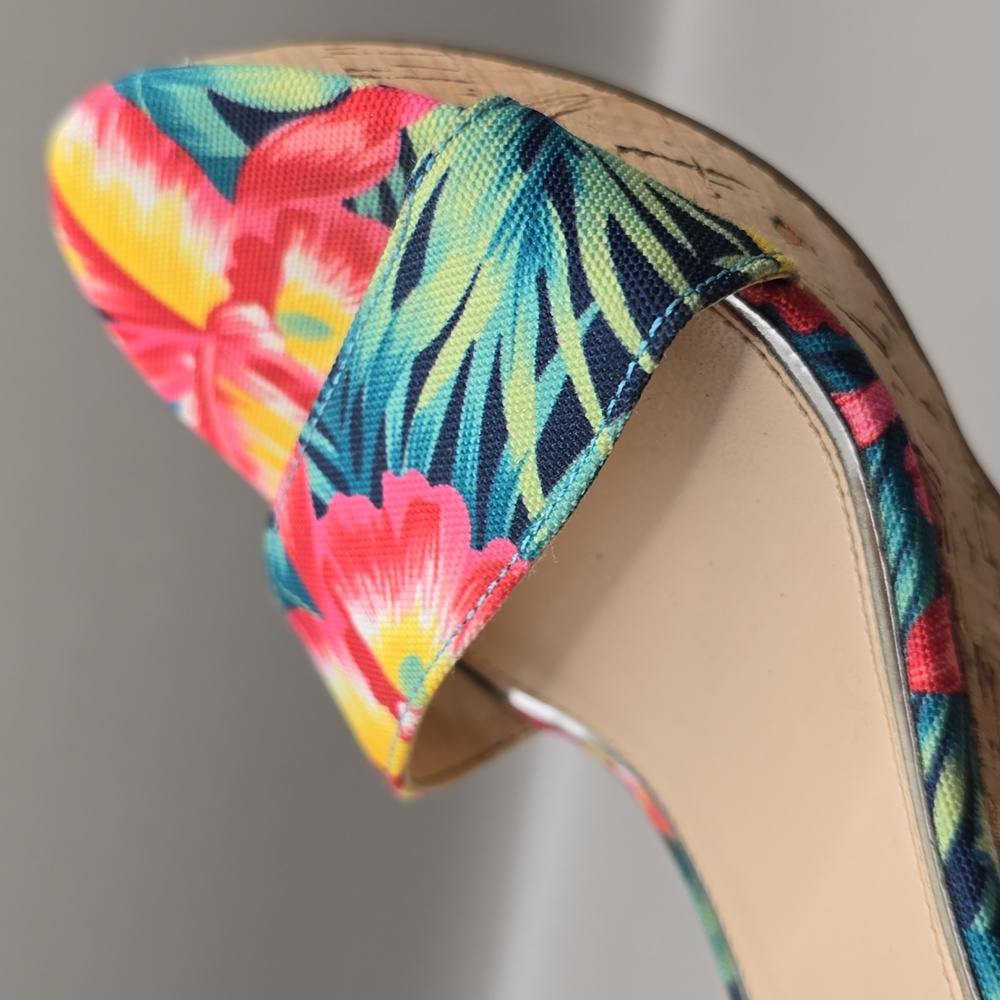 Jessica Simpson Wedge Sandal Sz 6 Cork Fabric Upper Sling Back Tropical Colorful - Picture 7 of 12